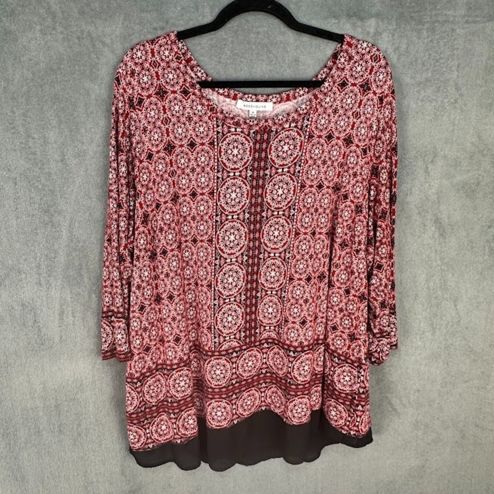 Rose And Olive Top Womens 3X Red Paisley 3/4 Length Sleeve Stretch Comfort Boho